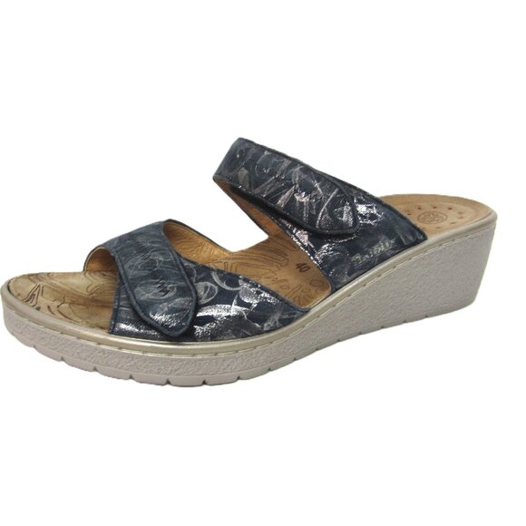 Mephisto Paula Size 40 9 9.5 Blue Silver Slip On Slide Sandals Wedge Heel - Picture 1 of 8